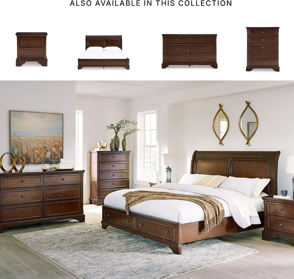 Signature Design by Ashley King Sleigh Storage Bed Frame, Brown | Hardwood solids, Select hardwood veneer and MDF substrate, King sleigh bed, Dark bronze-tone knobs, Trellington Series