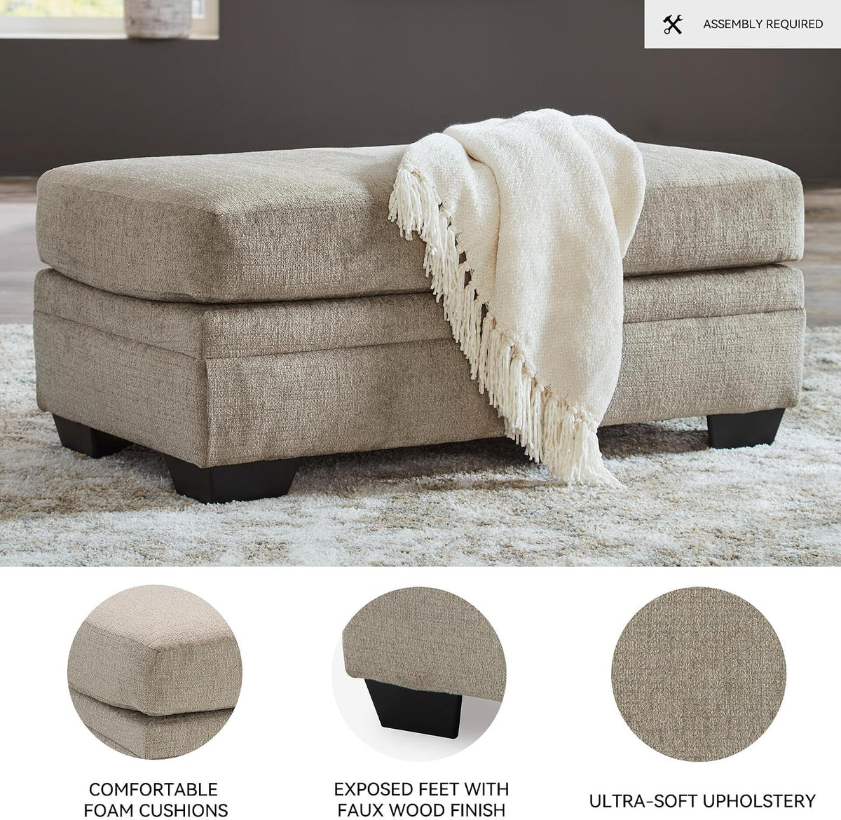 Signature Design by Ashley Stonemeade Rectangular Chenille Ottoman, Taupe | Plush taupe 100% polyester chenille, Instant setup with zero assembly required, Fits standard 32 in doorways