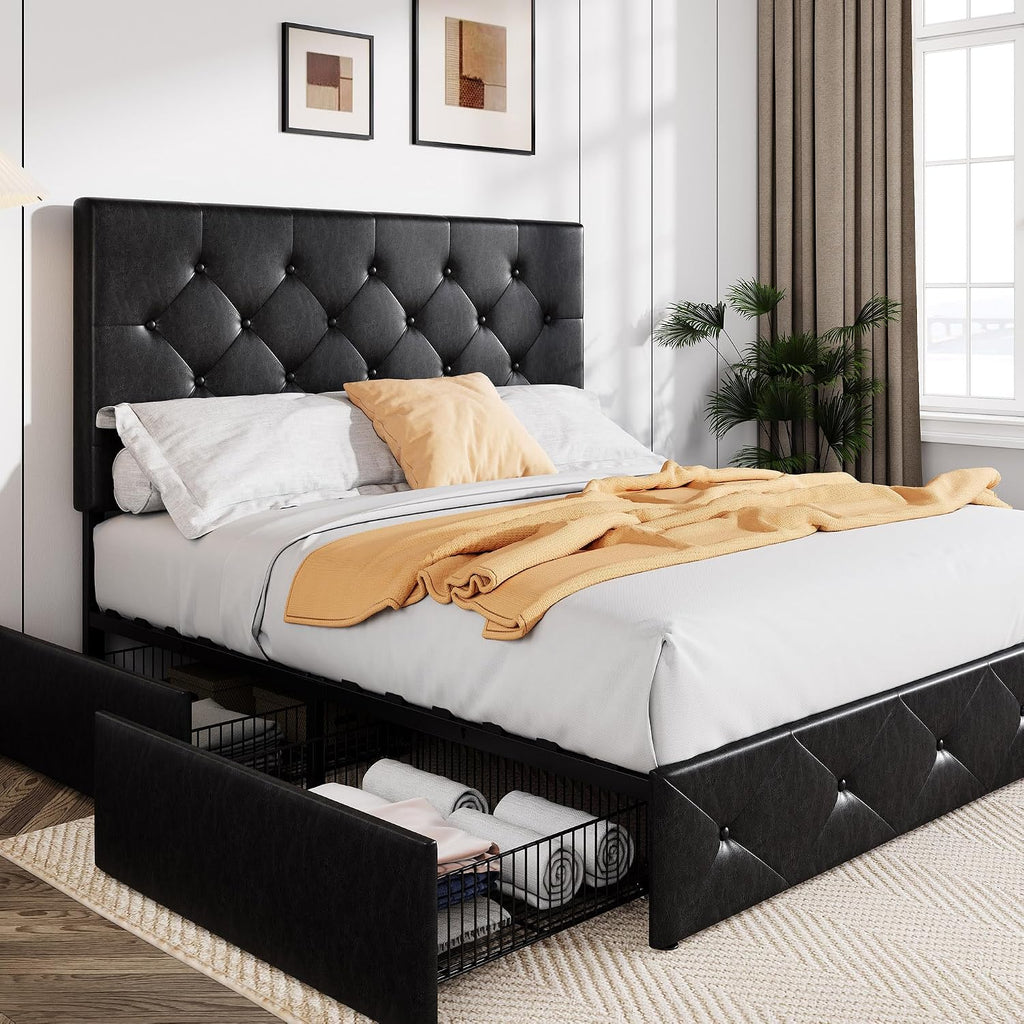 Allewie Queen Size Storage Bed Frame with 4 Underbed Drawers, Upholstered Platform Bed with Adjustable Headboard, Diamond Button Tufted, Easy Assembly, Noise-Free, No Box Spring Needed, Black