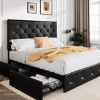 Allewie Queen Size Storage Bed Frame with 4 Underbed Drawers, Upholstered Platform Bed with Adjustable Headboard, Diamond Button Tufted, Easy Assembly, Noise-Free, No Box Spring Needed, Black