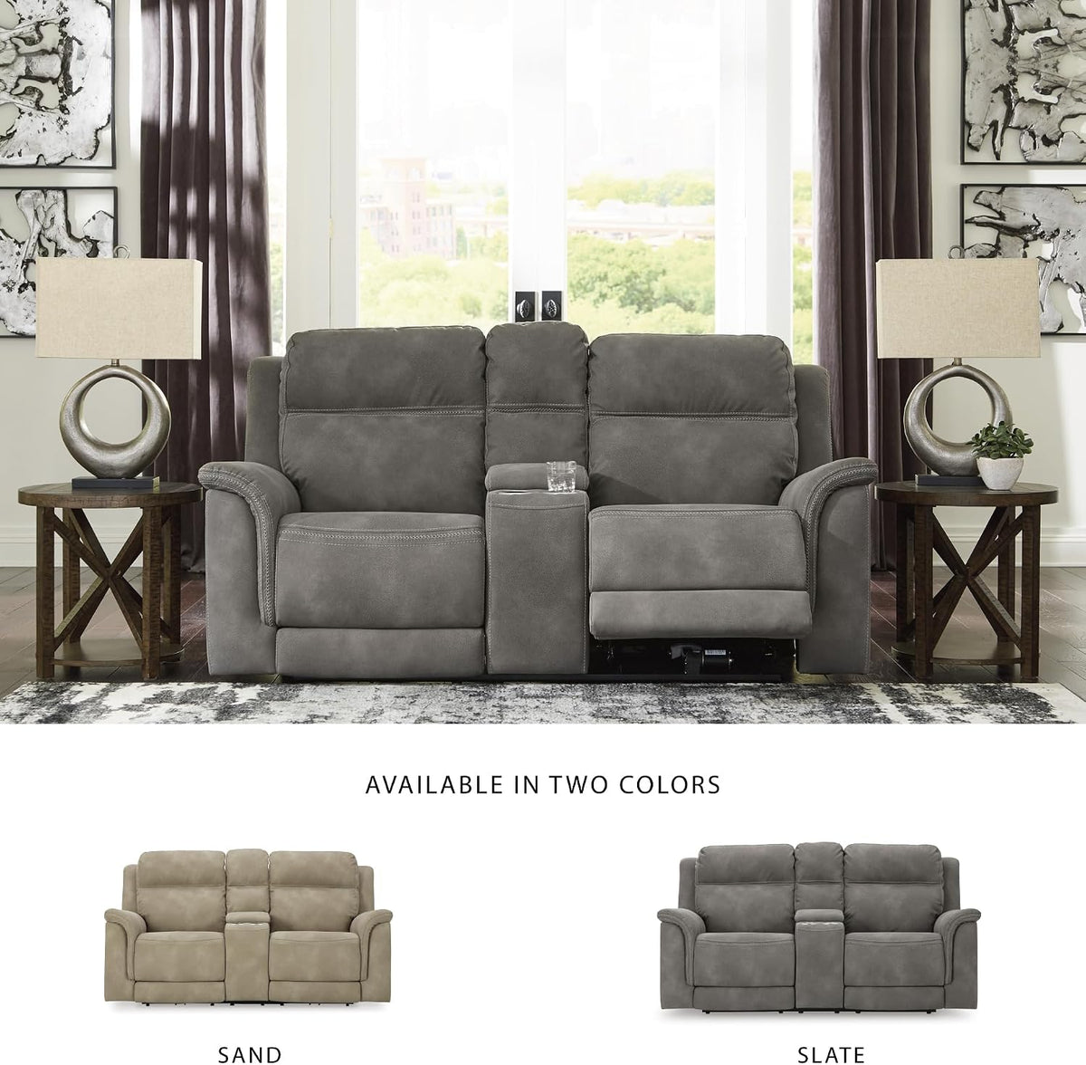 Signature Design by Ashley Power Reclining Loveseat Sofa with Console | Faux leather look, 15-minute assembly, Water-resistant DuraPella fabric, Zero-gravity reclining, Adjustable headrest