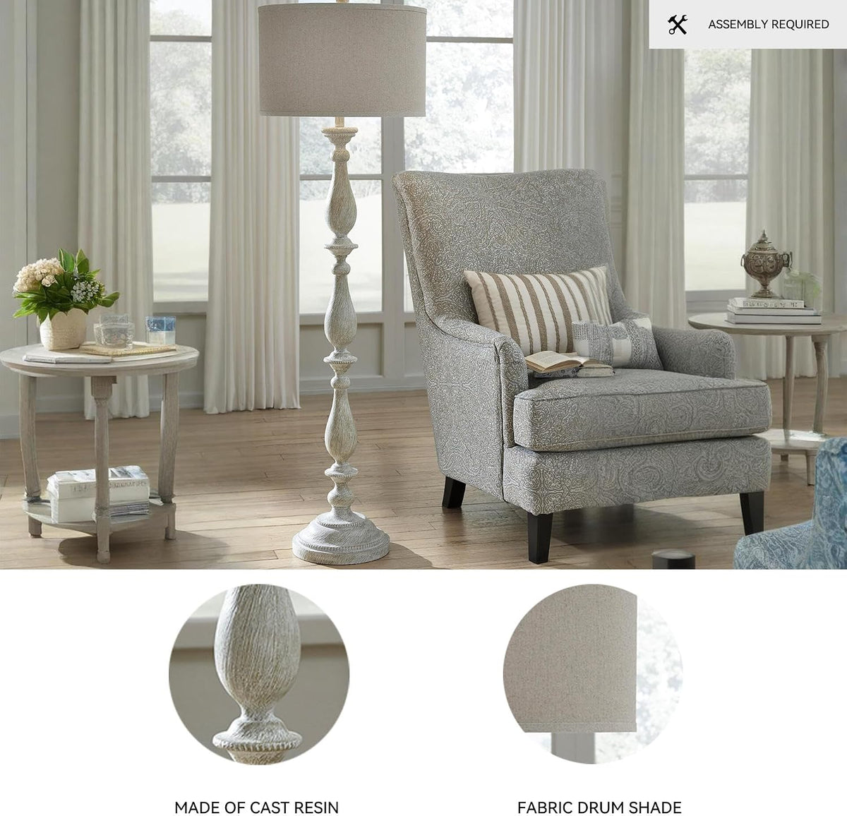Signature Design by Ashley Bernadate Floor Lamp for Living Room, Whitewash | Fabric drum shade, 130-in power cord, 3-way switch, Cast resin construction, 14 lbs, 61-in height