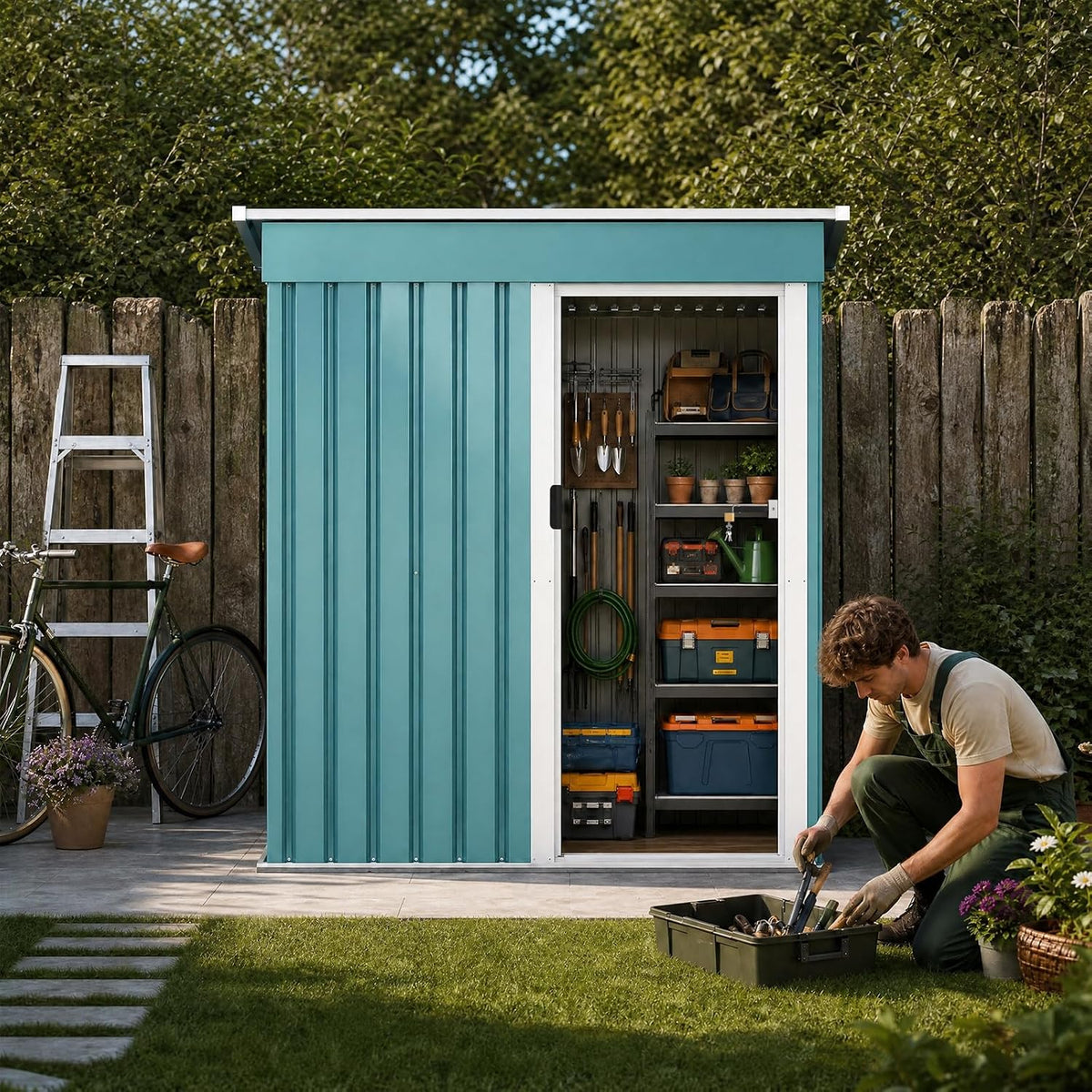 Metal Shed Garden Storage 5x3 FT, Garden Shed, Waterproof Galvanized Steel with Window, Outdoor Lean-to Shed with Sliding Door,Lock and Gloves for Patio, Garden, Backyard, Bike, Garbage, Bin