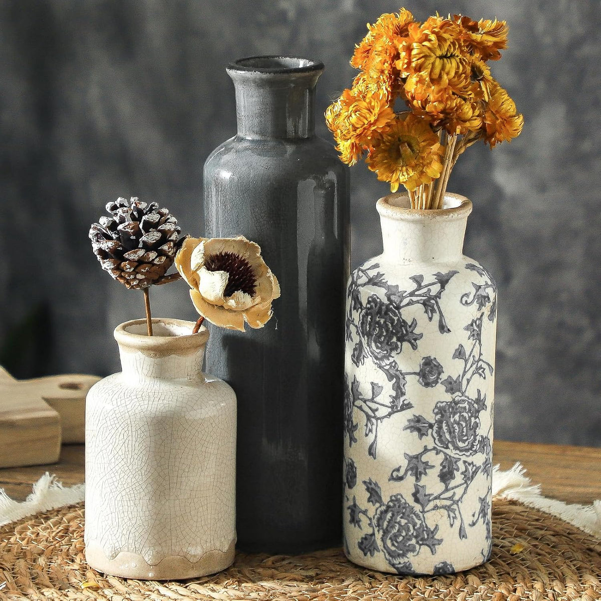 Ceramic Vases Set of 3, Whitewashed Neutral Flower Vases Home Decor, Pottery Rustic Farmhouse Decorative Vases Modern Decor for Table Mantel Entryway Bookshelf Living Room Kitchen Bedroom