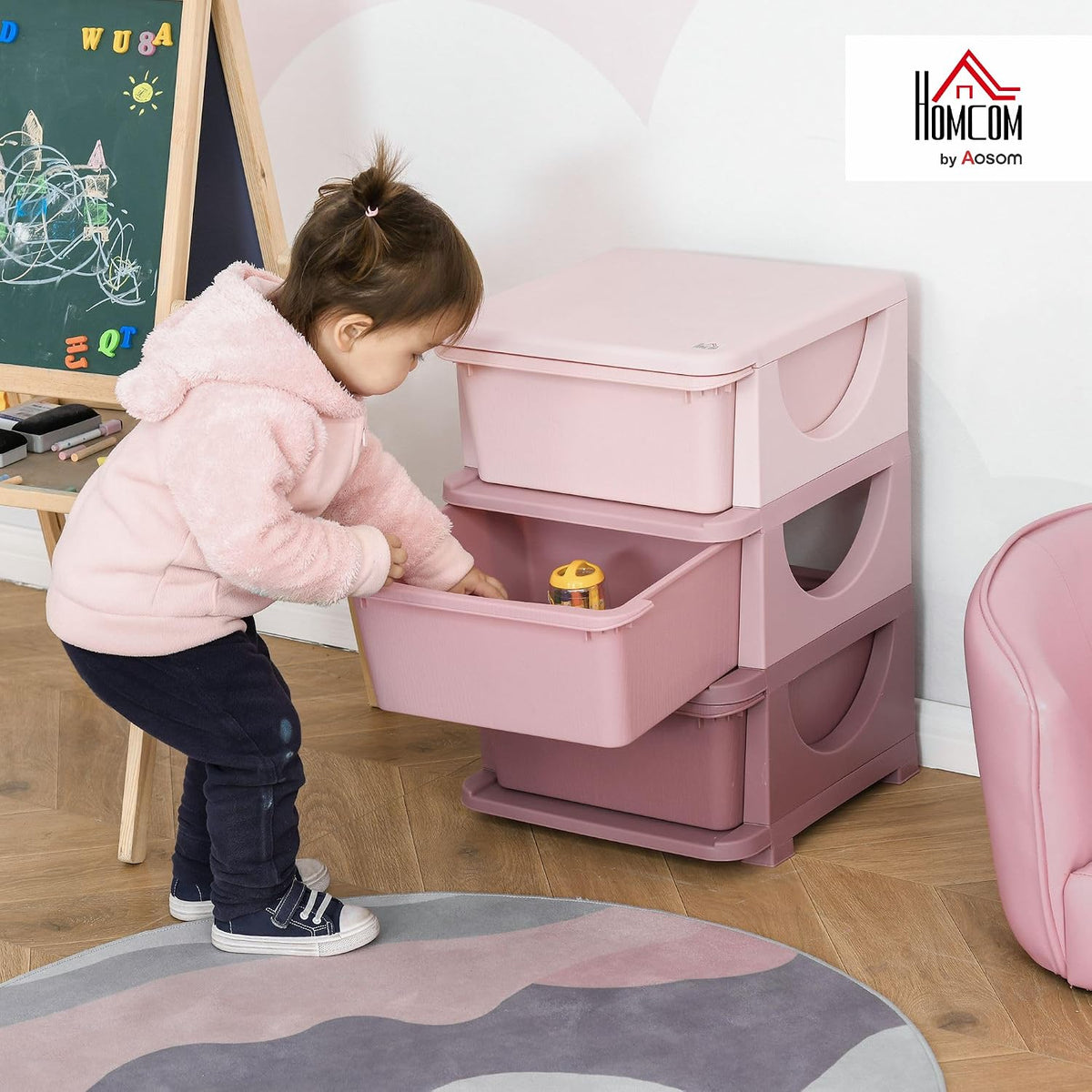 HOMCOM 3 Drawers Plastic Kids Storage Units 3 Tier Children Toy Chest Pink