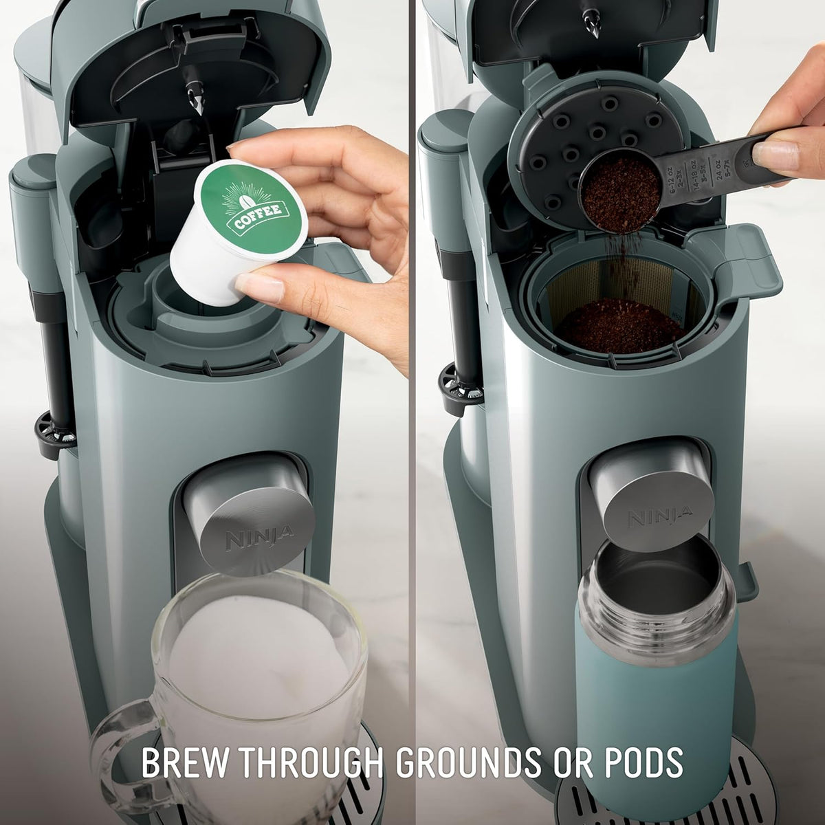 Ninja Pods & Grounds Coffee Maker, K-Cup Compatible, Sage Green, PB051SG | Built-In Milk Frother, 6-oz. Cup to 24-oz. Travel Mug Sizes, Iced Coffee Maker, 1550 watts