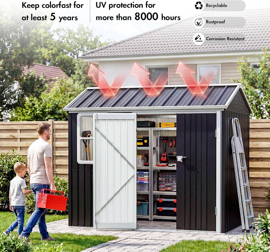 8.5 * 5.5 FT Metal Shed Garden Storage, Garden Shed, Waterproof Galvanized Steel with Window, Outdoor Apex Roof Shed with Lockable Double Doors&Gloves for Patio, Garden, Backyard, Bike, Garbage Bin
