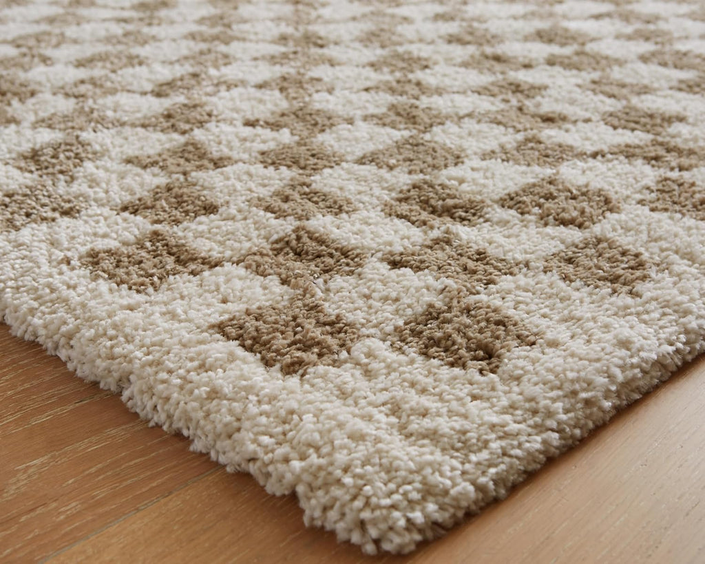 Signature Design by Ashley Checkered Shag Area Rug, Taupe/Ivory, 5x7 | 100% polypropylene 30 mm high pile, Soft plush texture for bedrooms and lounge areas, Karamen Series