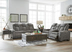 Signature Design by Ashley Power Reclining Loveseat with Console, Gray | Water-resistant faux leather, Zero-gravity recline, Easy View adjustable headrest, Wireless charging, Next-Gen Durapella