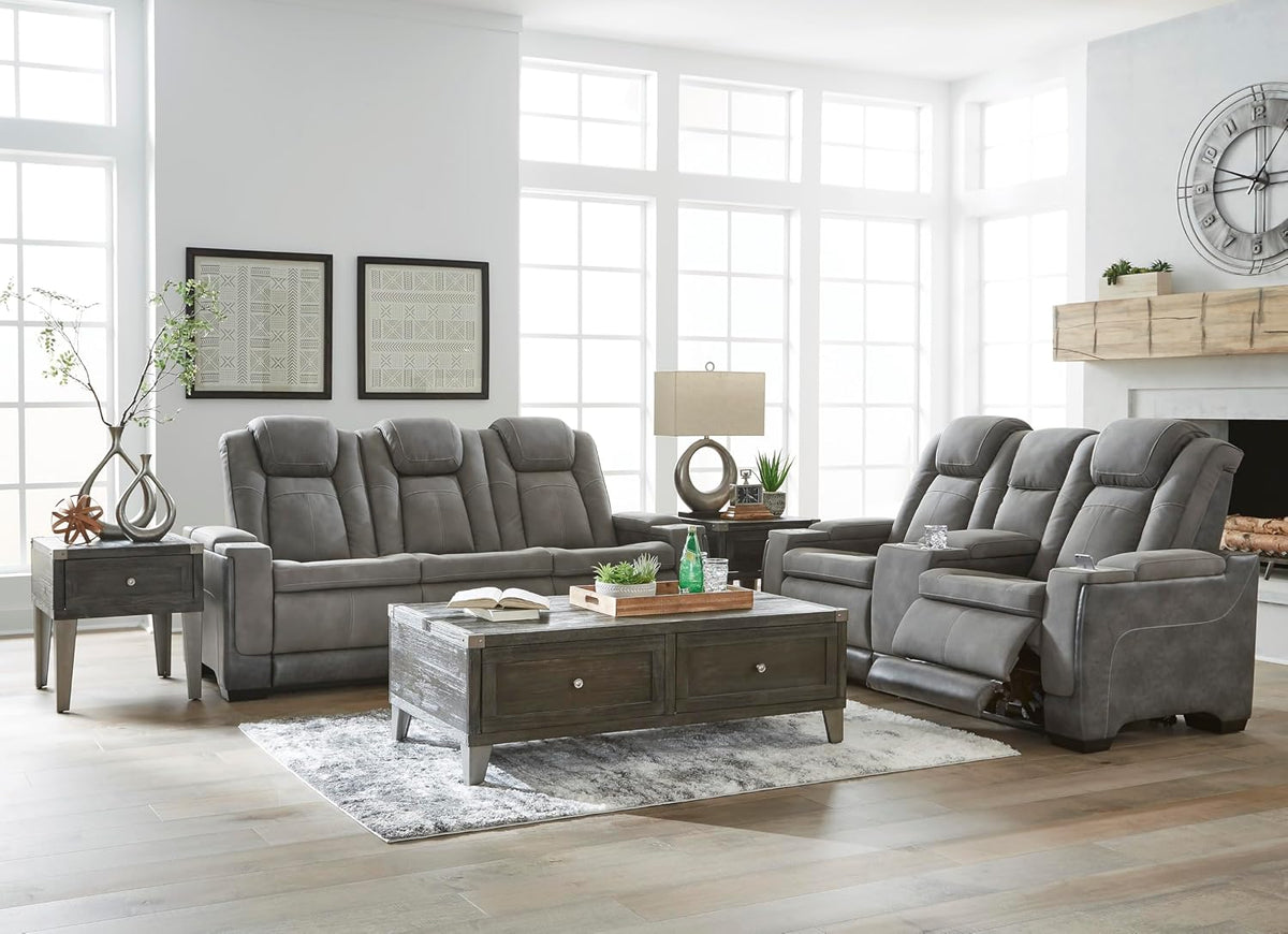 Signature Design by Ashley Power Reclining Loveseat with Console, Gray | Water-resistant faux leather, Zero-gravity recline, Easy View adjustable headrest, Wireless charging, Next-Gen Durapella