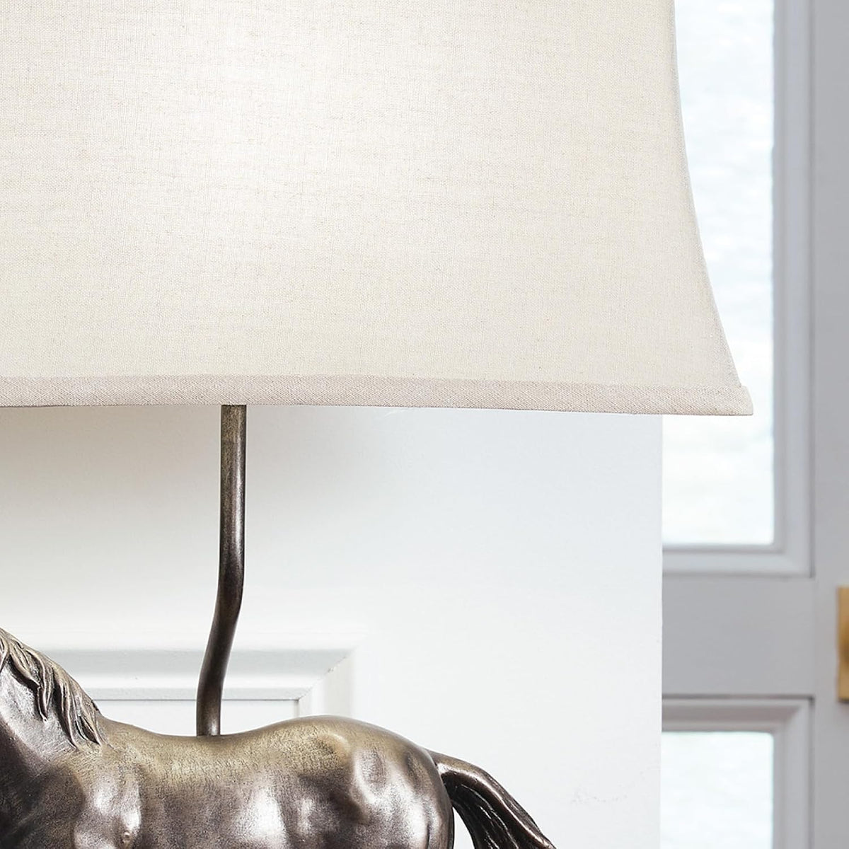 Signature Design by Ashley Sandorman Horse Table Lamp, Bronze | Stately equine polyresin sculpture base, 3-way rotary switch with dark fabric shade, Ideal for living rooms and bedrooms