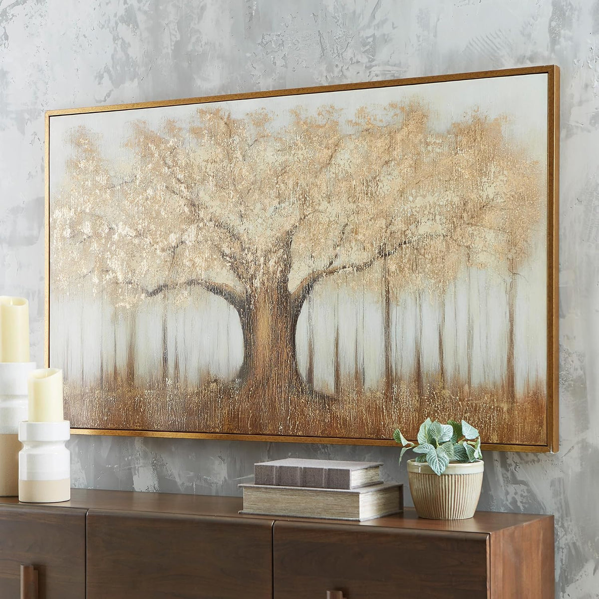 Signature Design by Ashley Dalewick Framed Canvas 60 x 36 Wall Art | Hand-painted framed canvas, Metallic gold foil, Warm autumnal tree canopy design, Living room and home office use