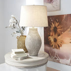 Signature Design by Ashley Layal 29" Table Lamp, Living Room, Beige | Textured paper composite base with 16-inch modified drum shade, 3-way switch for side accents, Stable 10-lb base