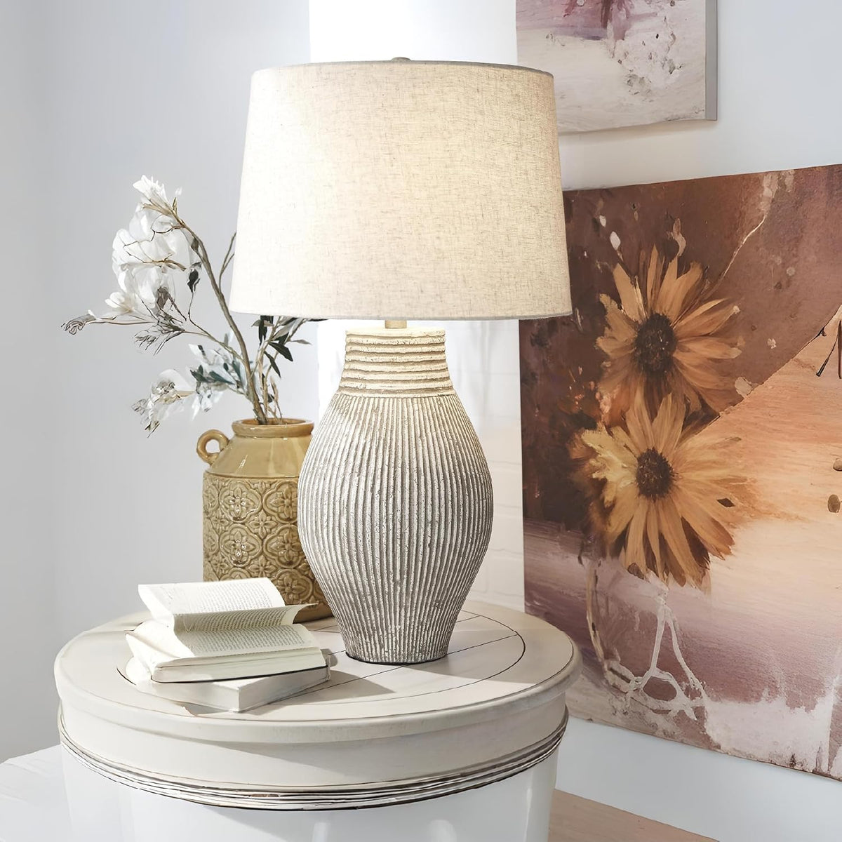 Signature Design by Ashley Layal 29" Table Lamp, Living Room, Beige | Textured paper composite base with 16-inch modified drum shade, 3-way switch for side accents, Stable 10-lb base
