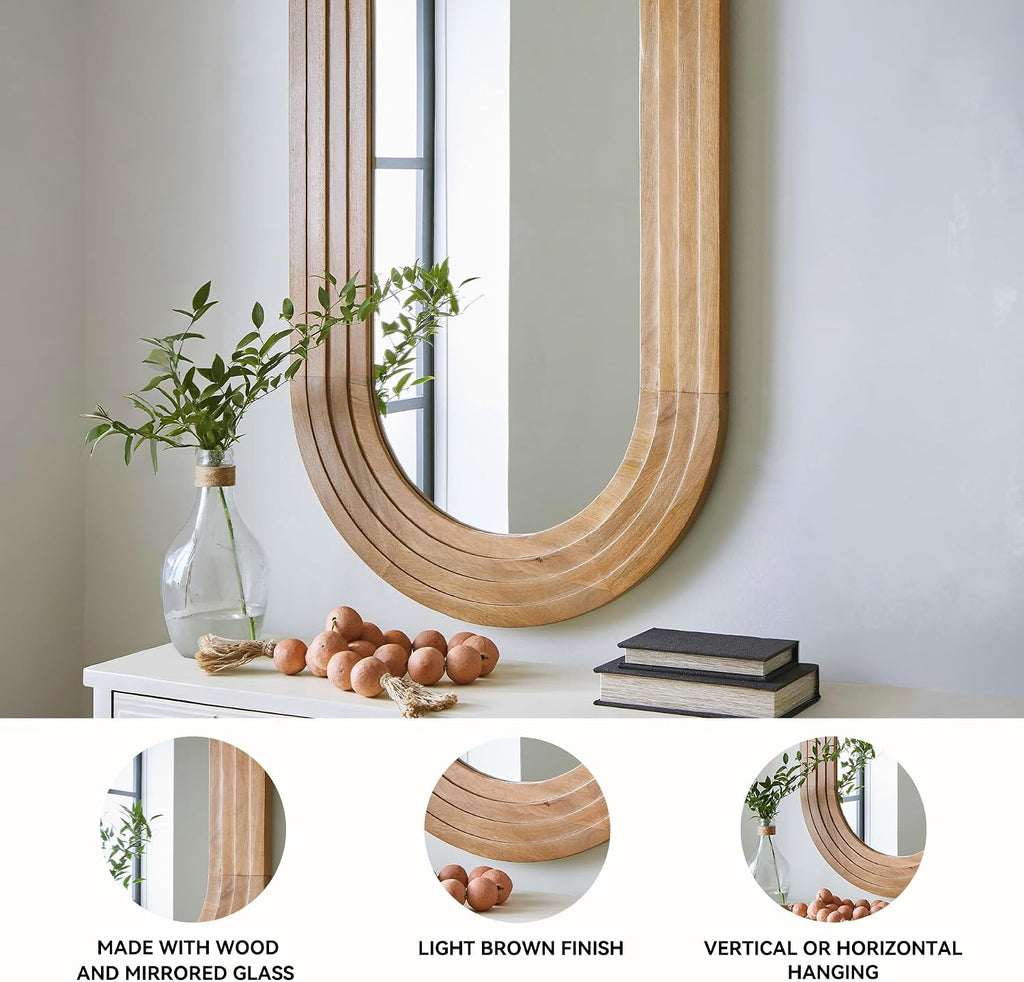 Signature Design by Ashley Large Oval Wall Mirror with Wood Finish Frame | Oval wood mirror crafted with mirrored glass, Light brown finish for vertical or horizontal hanging, Daverly Series