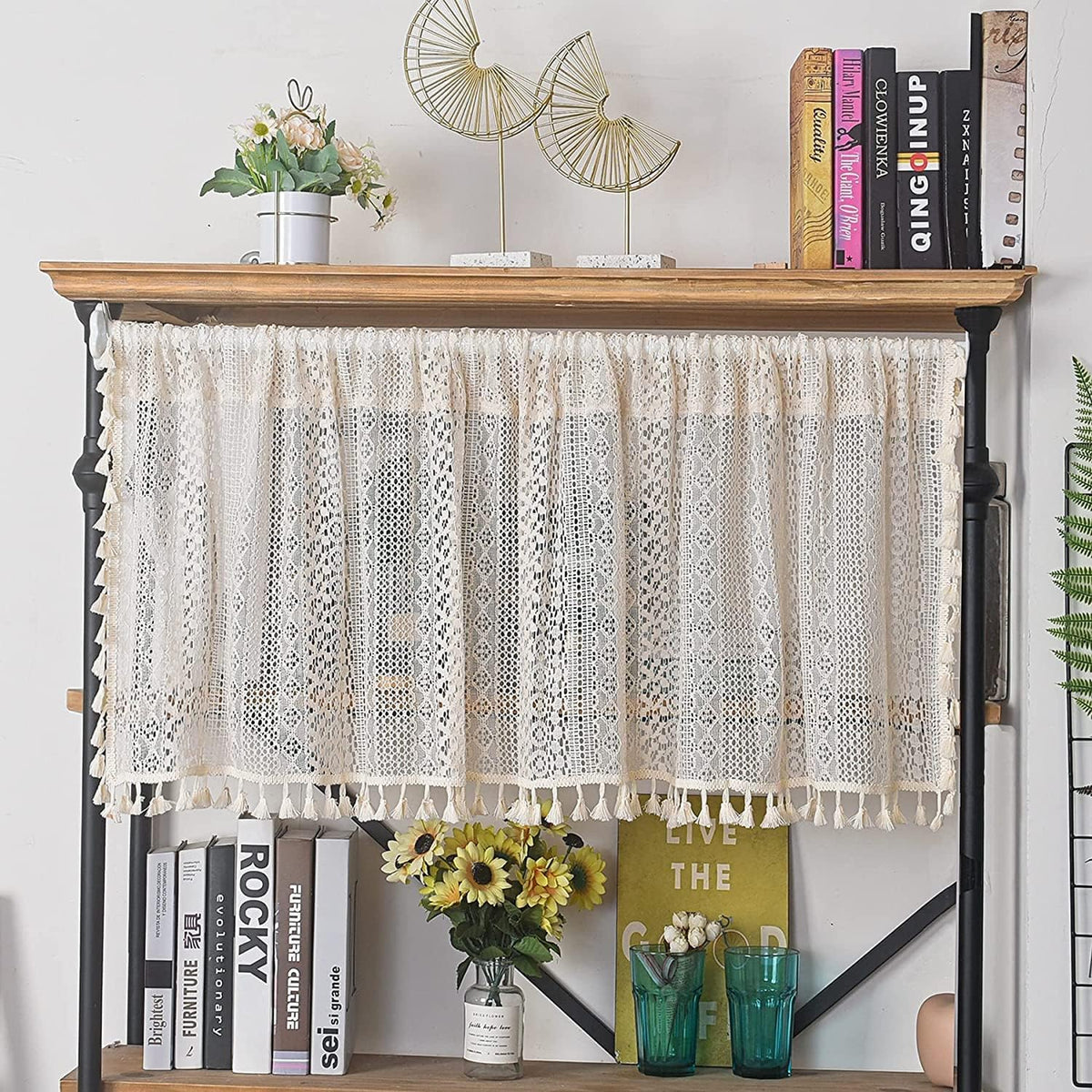 Sutuo Home Boho Curtain Crochet Lace Semi-Sheer Florals Hollow Knitted Handmade Tassels, Rod Pocket Window Treatment Vintage Rustic Farmhouse Drapes for Living Bedroom, 1 Panel 59" W x 84" L, Beige