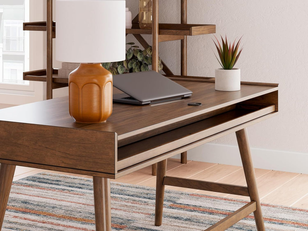 Signature Design by Ashley Lyncott Home Office Desk 60" Midcentury Modern | Mid-century modern office desk, Mango wood veneer, Solid rubberwood legs, 3 dovetail drawers, Integrated cord management