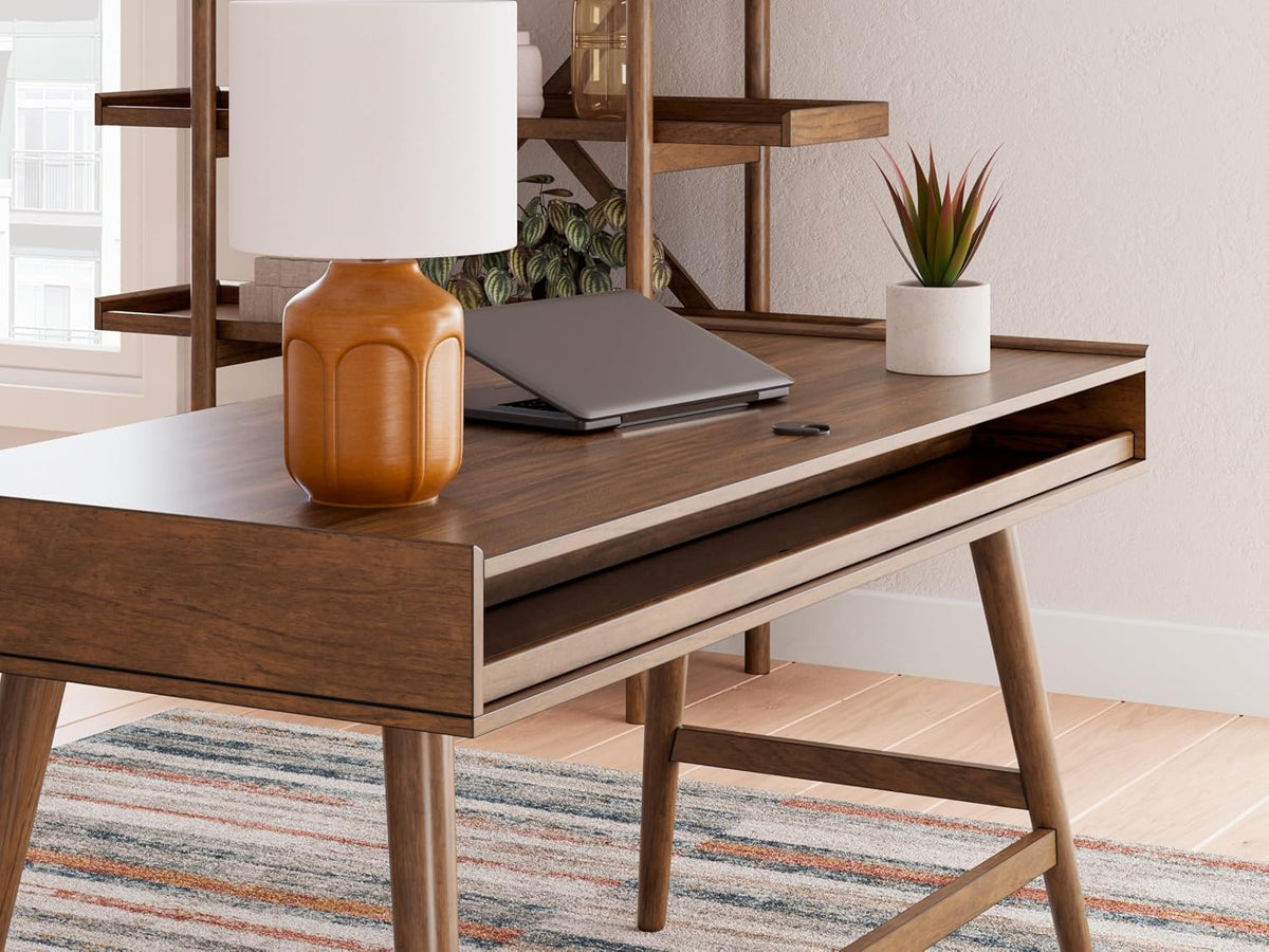 Signature Design by Ashley Lyncott Home Office Desk 60" Midcentury Modern | Mid-century modern office desk, Mango wood veneer, Solid rubberwood legs, 3 dovetail drawers, Integrated cord management