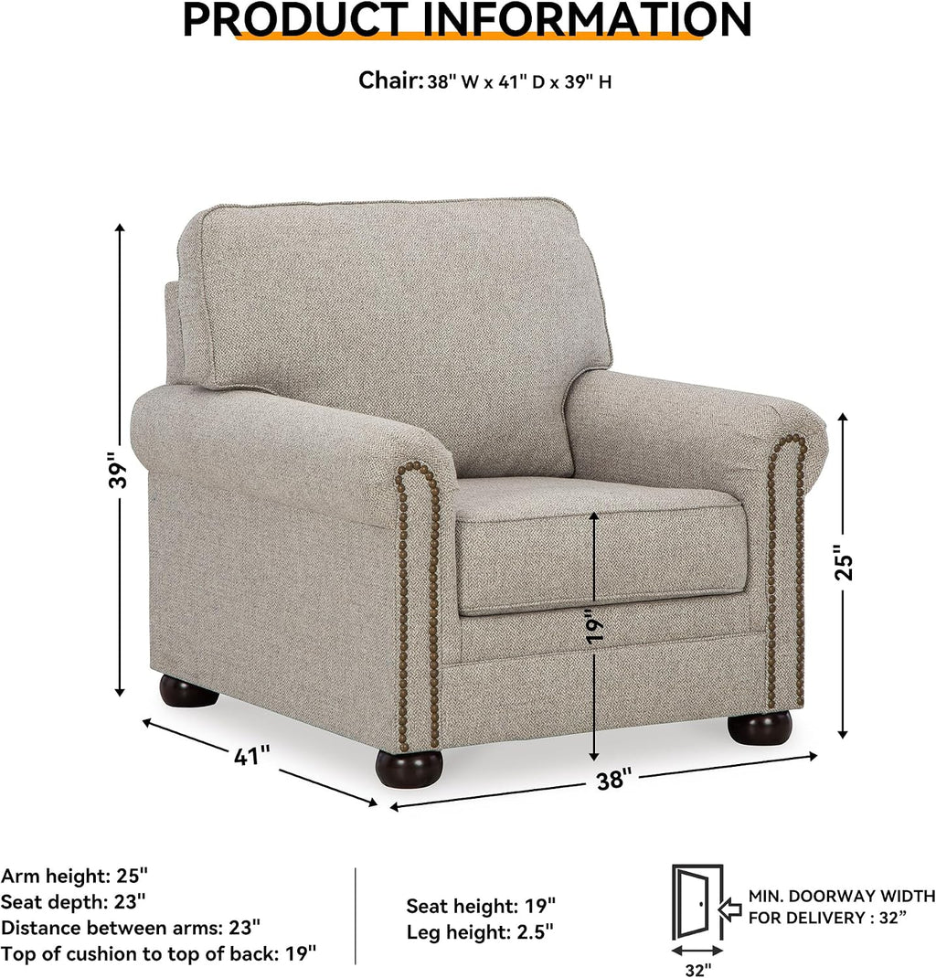 Signature Design by Ashley Gaelon Accent Chair, Dune Beige Chenille Fabric | Soft textured herringbone pattern, Sag-resistant platform foundation for even support, Traditional nailhead trim