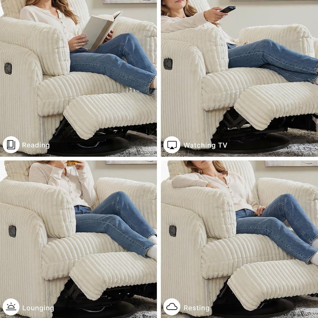 Signature Design by Ashley Oversized Swivel Glider Recliner, Ivory | Hidden armrest storage, Soft polyester cord, Smooth 360-degree rotation, Rocking chair motion, Tie-Breaker Series