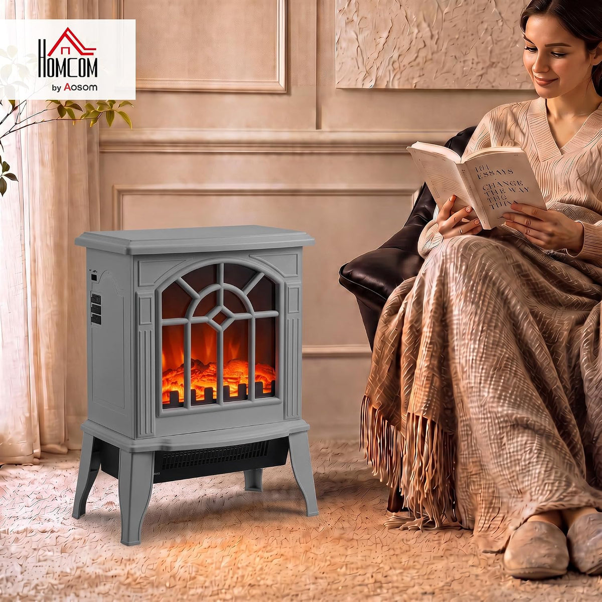 HOMCOM Freestanding Electric Fireplace LED Flame Effect 1000W/2000W, Grey