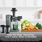 Ninja NeverClog 3-in-1 Juicer, Slicer & Shredder, 32oz Vessel, JC152 | NeverClog auger juices non-stop, plus slicing & shredding attachments. Total Pulp Control, 32-oz vessel, dishwasher safe
