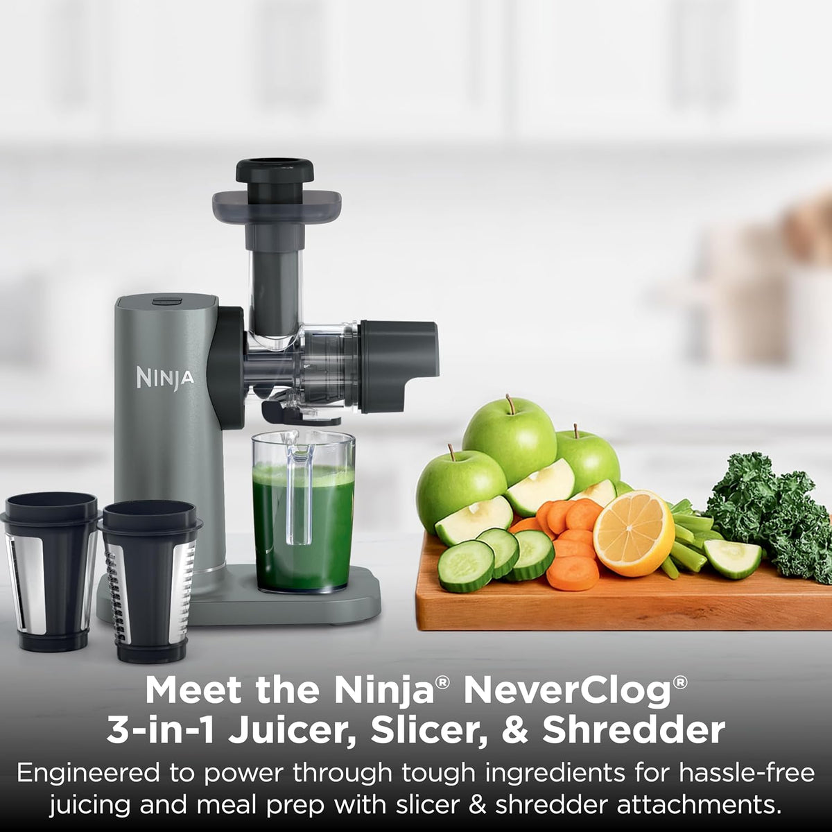 Ninja NeverClog 3-in-1 Juicer, Slicer & Shredder, 32oz Vessel, JC152 | NeverClog auger juices non-stop, plus slicing & shredding attachments. Total Pulp Control, 32-oz vessel, dishwasher safe