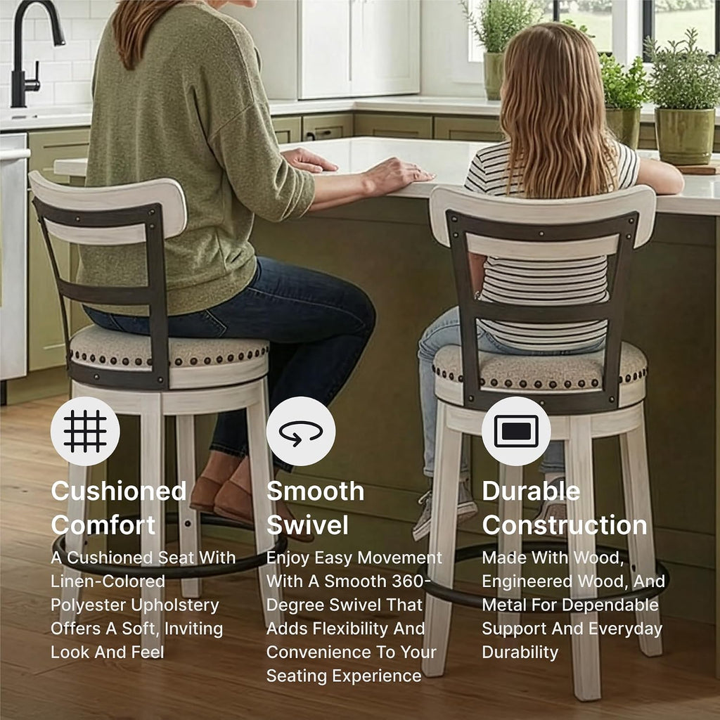 Signature Design by Ashley Valebeck Swivel Counter Height Bar Stool, White | Sturdy 24.5-inch seat with nailhead trim, Farmhouse rustic style featuring linen colored polyester, Smooth 360° rotation