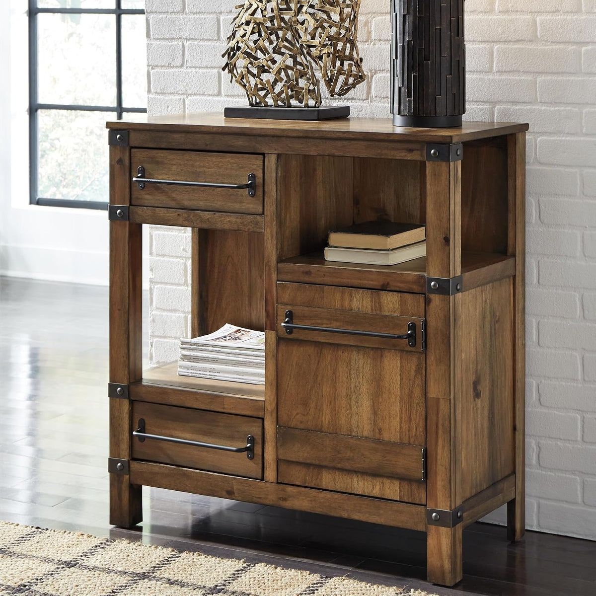 Signature Design by Ashley Coffee Bar Accent Cabinet with Drawers | Butterfly matched herringbone inlay, Unique acacia colored finish, Media and gameroom use, Farmhouse style, Roybeck Series