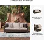 Signature Design by Ashley Drakes Beach 3-Seat Outdoor Sofa, Brown Wicker | Sturdy aluminum frame, Woven-look dark brown resin wicker, Bleach cleanable Nuvella fabric, 4 throw pillows included