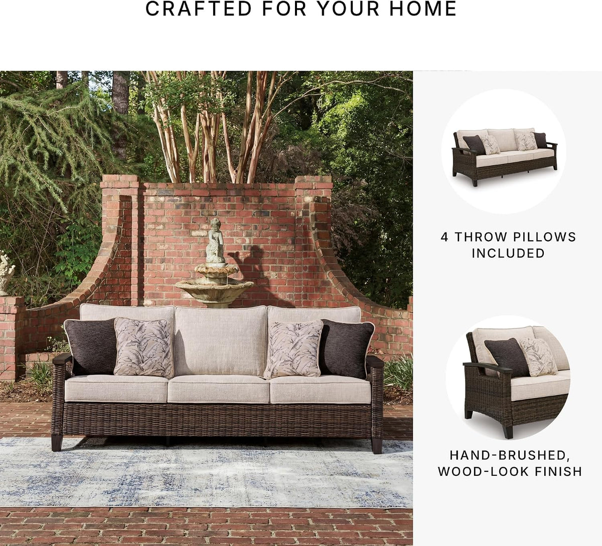 Signature Design by Ashley Drakes Beach 3-Seat Outdoor Sofa, Brown Wicker | Sturdy aluminum frame, Woven-look dark brown resin wicker, Bleach cleanable Nuvella fabric, 4 throw pillows included
