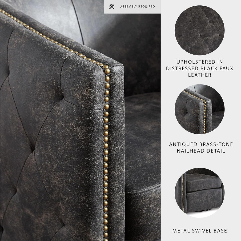 Signature Design by Ashley Swivel Black Faux Leather Accent Chair | Elegant tufted faux leather with brass nailheads, Hidden metal swivel base for effortless conversation, Brentlow Series