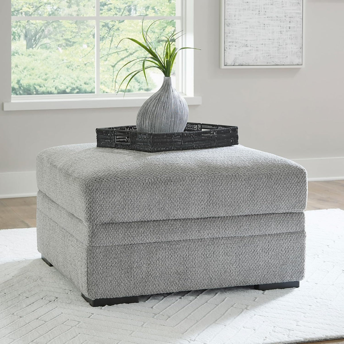 Signature Design by Ashley Square Ottoman with Storage and Cup Holders | Cement gray 100% polyester velvet, No assembly required, Faux wood legs, Casselbury Series