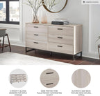 Signature Design by Ashley 6 Drawer Dresser for Bedroom, Light Natural Oak | Textured-grain engineered wood, 6 smooth-glide vinyl-wrapped drawers, Dark pewter pulls, Socalle Series