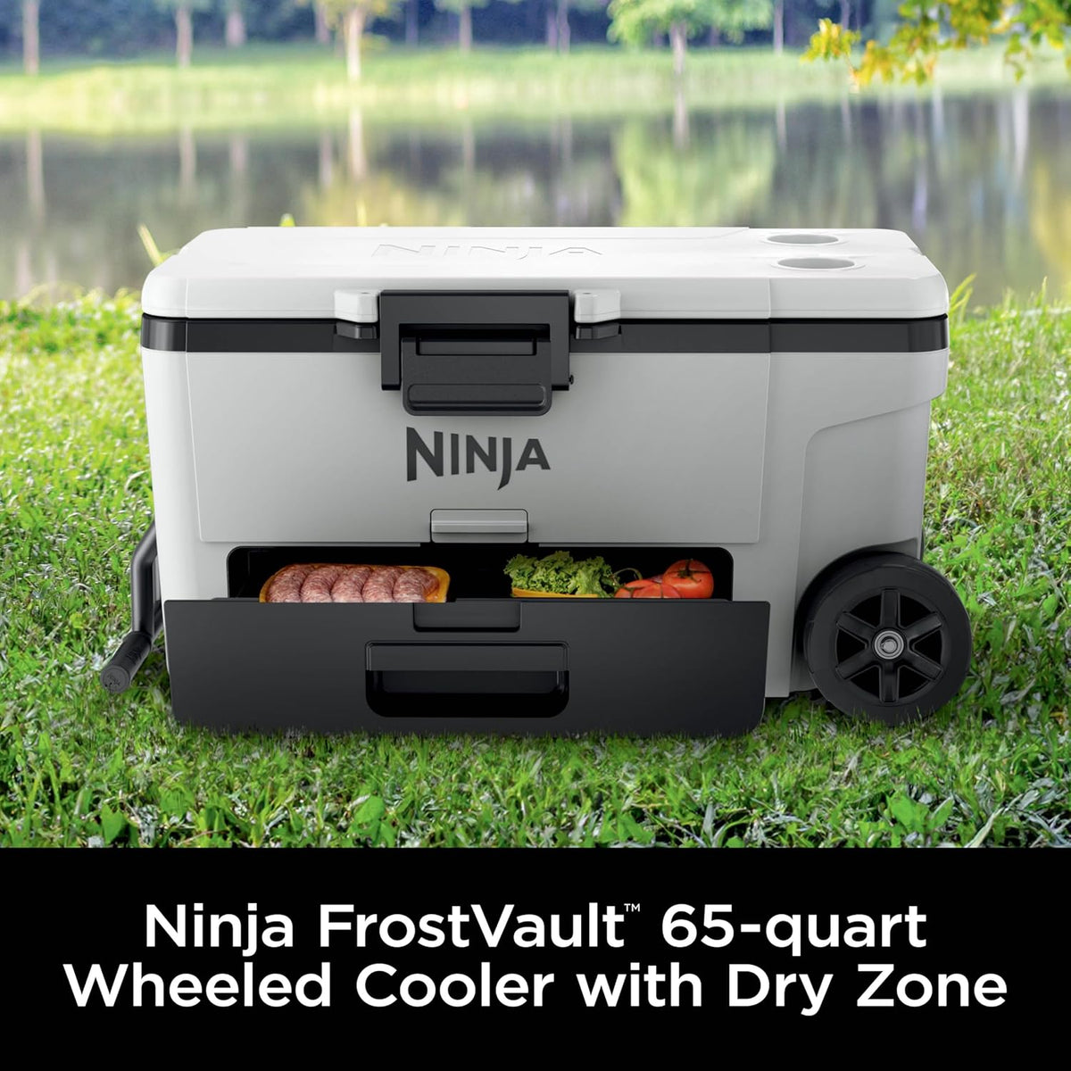 Ninja FrostVault™ 65qt Cooler with Wheels, Dry Storage, Spanish Moss | Ninja FrostVault's 65-qt capacity holds 97 cans, keeps food cool & dry, and rolls easily on all-terrain wheels