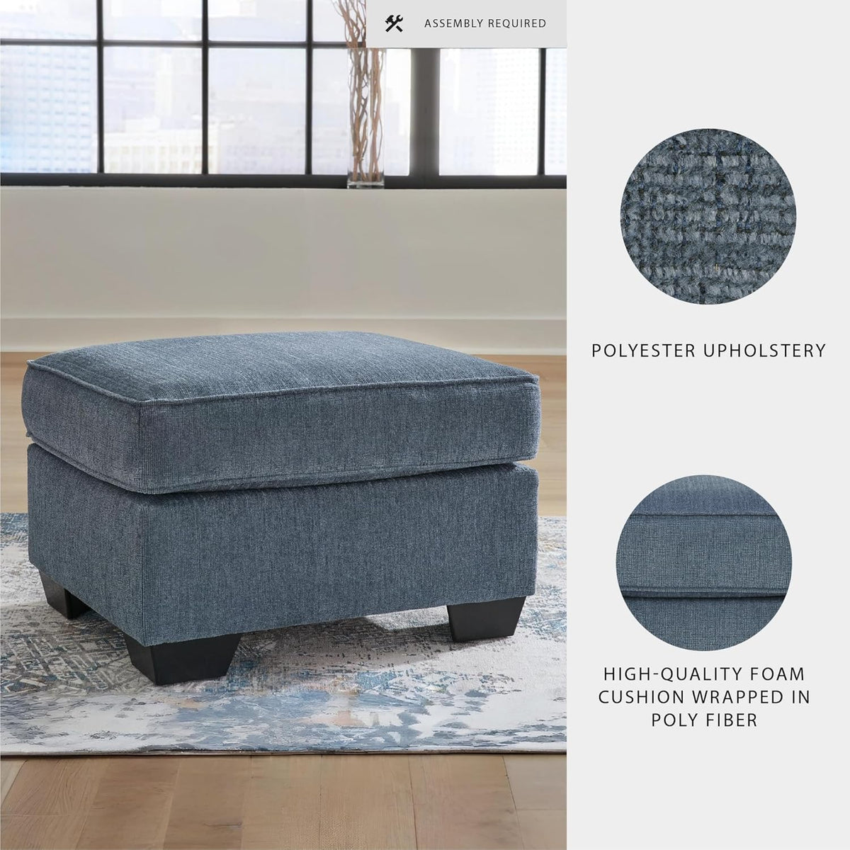 Signature Design by Ashley Ottoman, Cashton Blue Rectangular Foot Rest | 100% polyester Janiere chenille, Crosshatched weave, Ottoman foot rest, Firm foam cushion, Sturdy reinforced frame structure