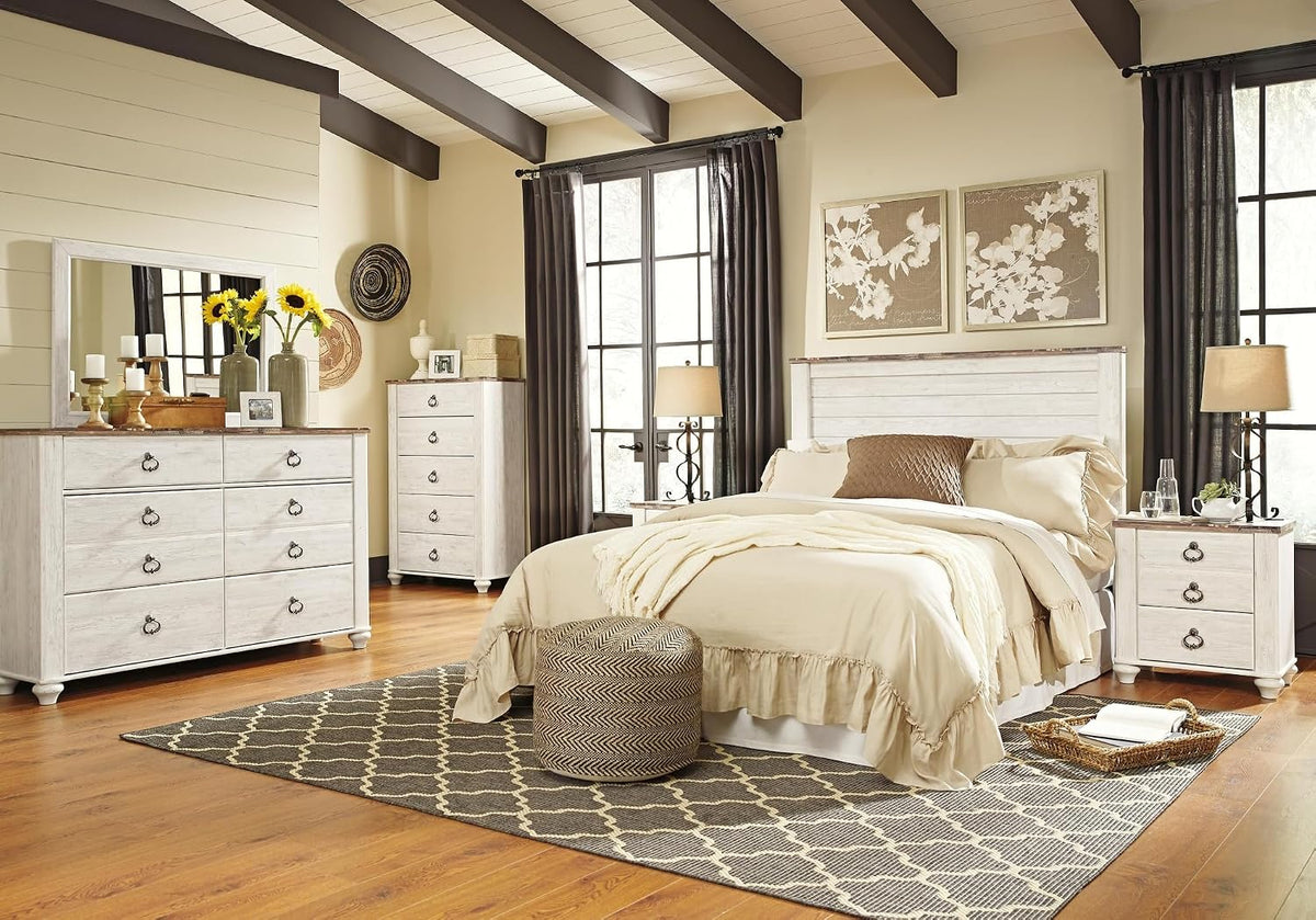 Signature Design by Ashley Coastal Queen Panel Headboard, Whitewash | Engineered wood rustic queen headboard, Farmhouse headboard queen option with built-in USB chargers, Willowton Series