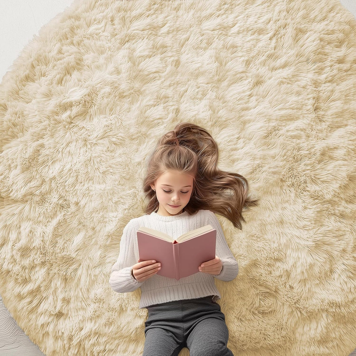 OLANLY Beige Round Rugs for Bedroom - Machine Washable, 4 ft Circle Area Rugs for Living Room, Soft and Fluffy Shaggy Carpet for Teen Girls and Boys, Nursery Rooms, Dorms, Home Decor Aesthetic