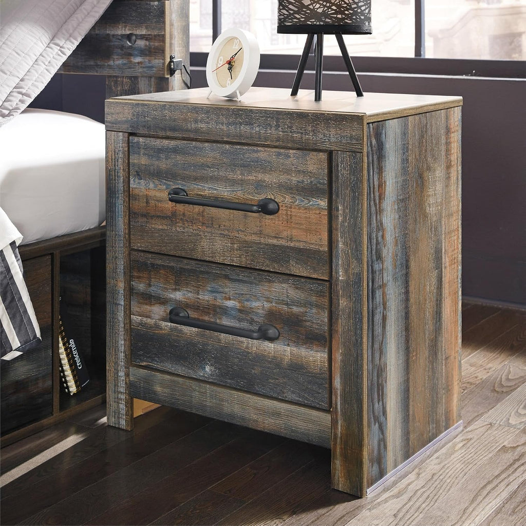 Signature Design by Ashley Drystan Rustic 2 Drawer Nightstand, USB-C | Engineered wood, Weatherworn brown finish, 2 faux-linen lined drawers, Dual USB-C ports, Small space solution