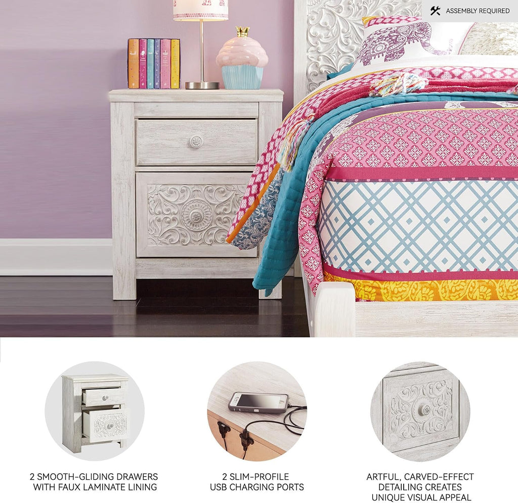 Signature Design by Ashley Nightstand, Paxberry Boho Whitewash | Engineered wood and decorative laminate, Ornate carved-effect medallion details, Includes 2 built-in USB charging ports