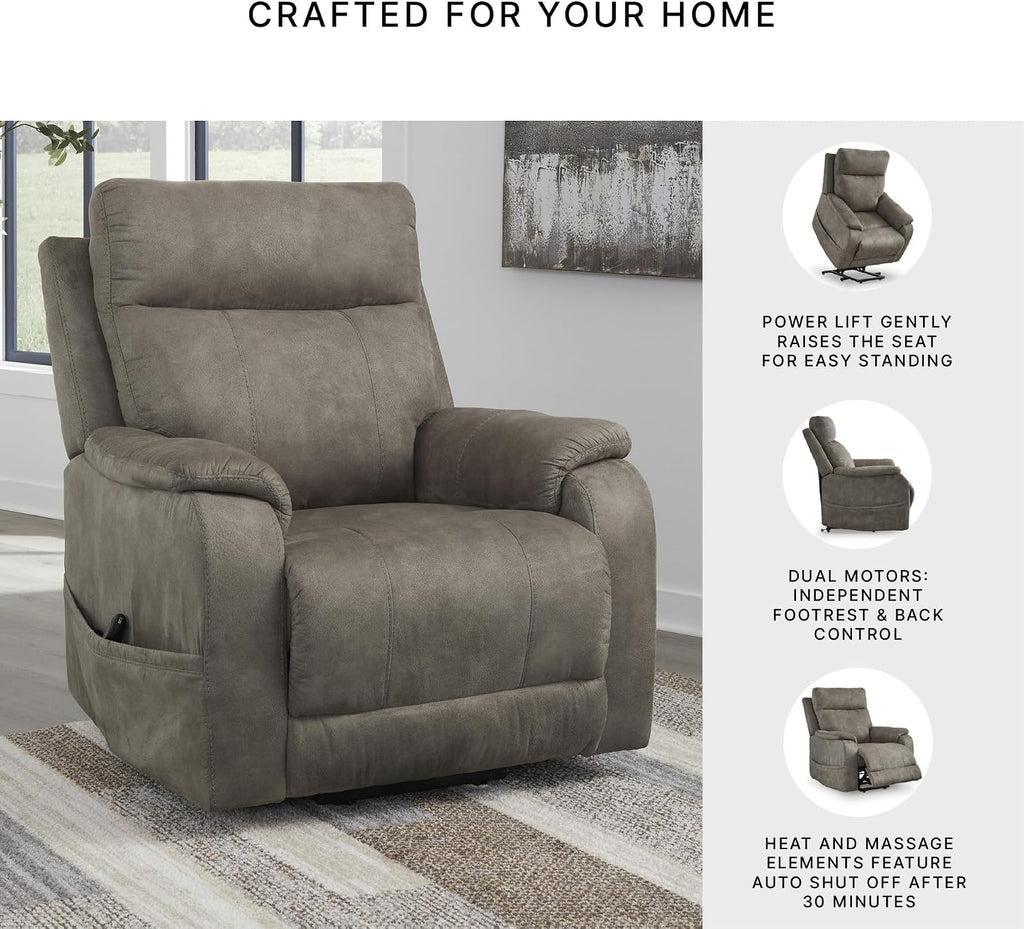 Signature Design by Ashley Dual Motor Power Lift Recliner, Heat & Massage | Fossil suede faux leather, Lift chairs recliners for elderly, Independent back and footrest, Crestmeade Series