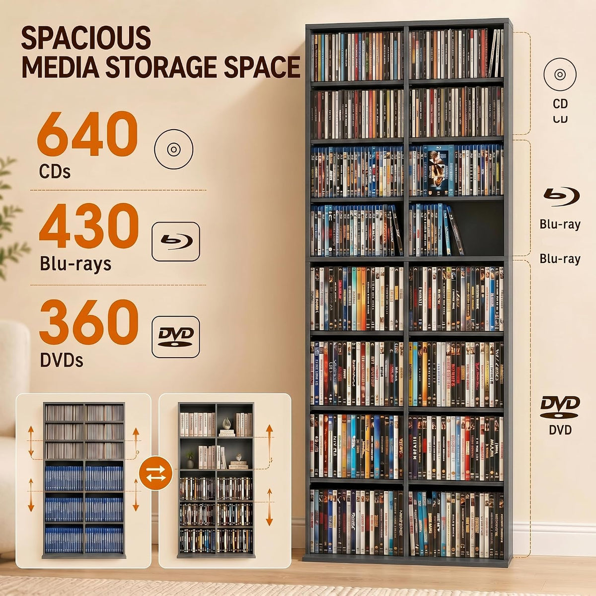 HOMCOM 640 CD/360 DVD Storage Unit, Blu-ray Media Storage Shelf, Grey