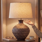 Signature Design by Ashley Magan Metal Table Lamp, 28", Antique Bronze | Antique bronze-tone metal base, Textured pattern, Fabric modified drum shade, Living room or entryway use, 3-way switch