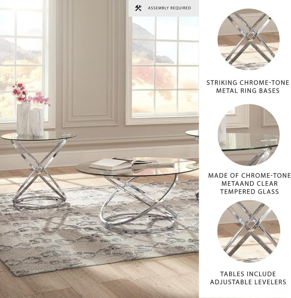 Signature Design by Ashley Hollynyx Round Glass Coffee Table Set of 3 | Tempered glass and chrome frames, Includes 38-in round coffee table and 2 26-in end tables, Adjustable levelers