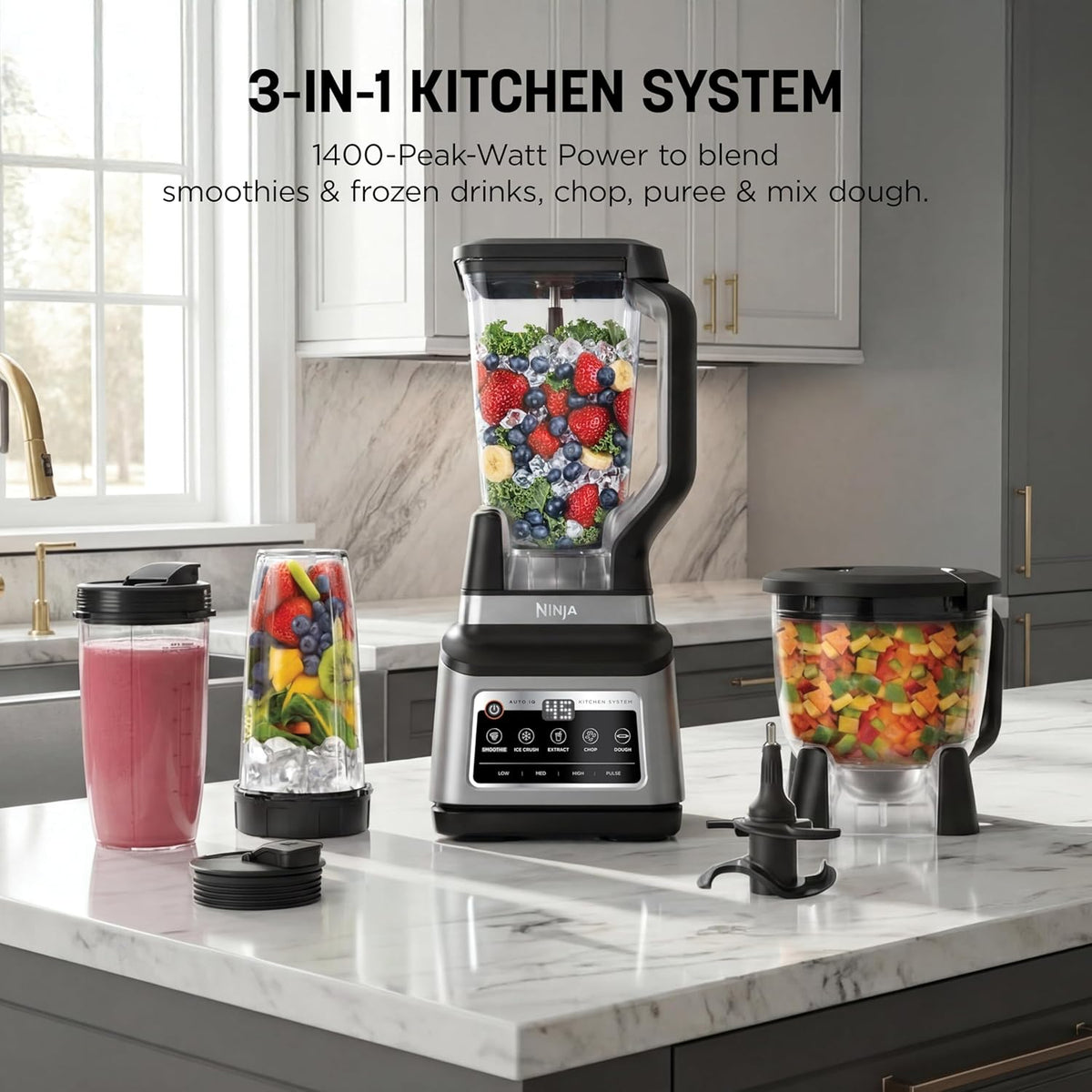 Ninja Professional Plus Kitchen System, 1400WP, Auto-iQ, Grey, BN801 | 5 functions for smoothies, chopping & dough with Auto-iQ. 72-oz blender pitcher, 64-oz processor, (2) 24-oz cups.