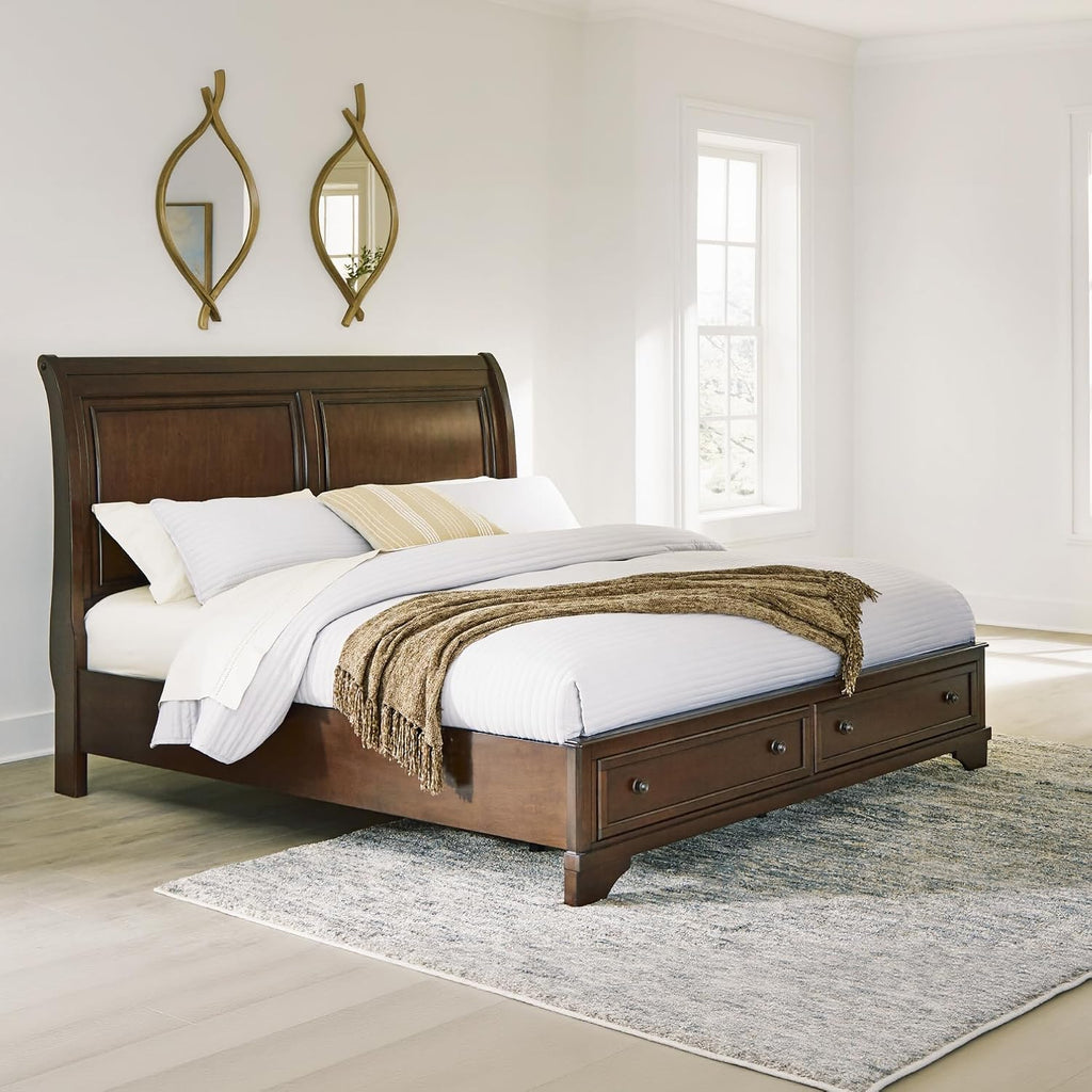 Signature Design by Ashley King Sleigh Storage Bed Frame, Brown | Hardwood solids, Select hardwood veneer and MDF substrate, King sleigh bed, Dark bronze-tone knobs, Trellington Series
