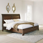 Signature Design by Ashley King Sleigh Storage Bed Frame, Brown | Hardwood solids, Select hardwood veneer and MDF substrate, King sleigh bed, Dark bronze-tone knobs, Trellington Series