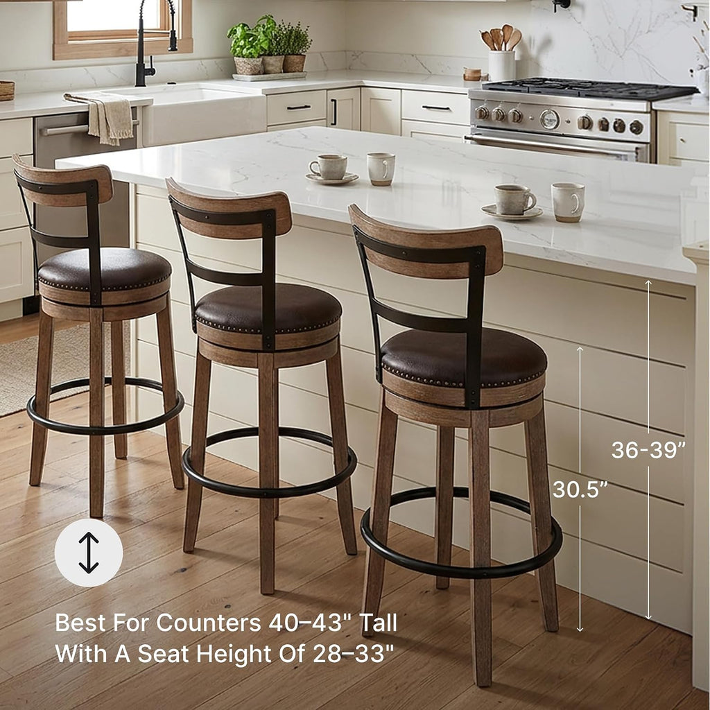 Signature Design by Ashley Pinnadel 30" Swivel Bar Height Barstool, Brown | Faux leather padded seat for easy cleanup, Sturdy wood, engineered wood, and metal frame, Built-in comfort footrest