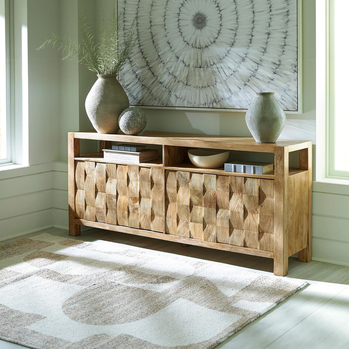 Signature Design by Ashley Hudwick Farmhouse 4-Door Accent Cabinet with 2 Adjustable Shelves, Light Brown