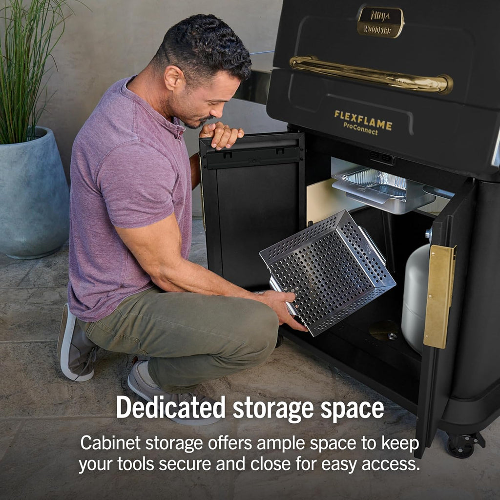 Ninja FlexFlame ProConnect Grill & Smoker, 5-in-1, Black/Gold, PG305 | Ninja FlexFlame ProConnect smokes & griddles with 200-600°F precision, synced to your phone for real-time cook alerts.